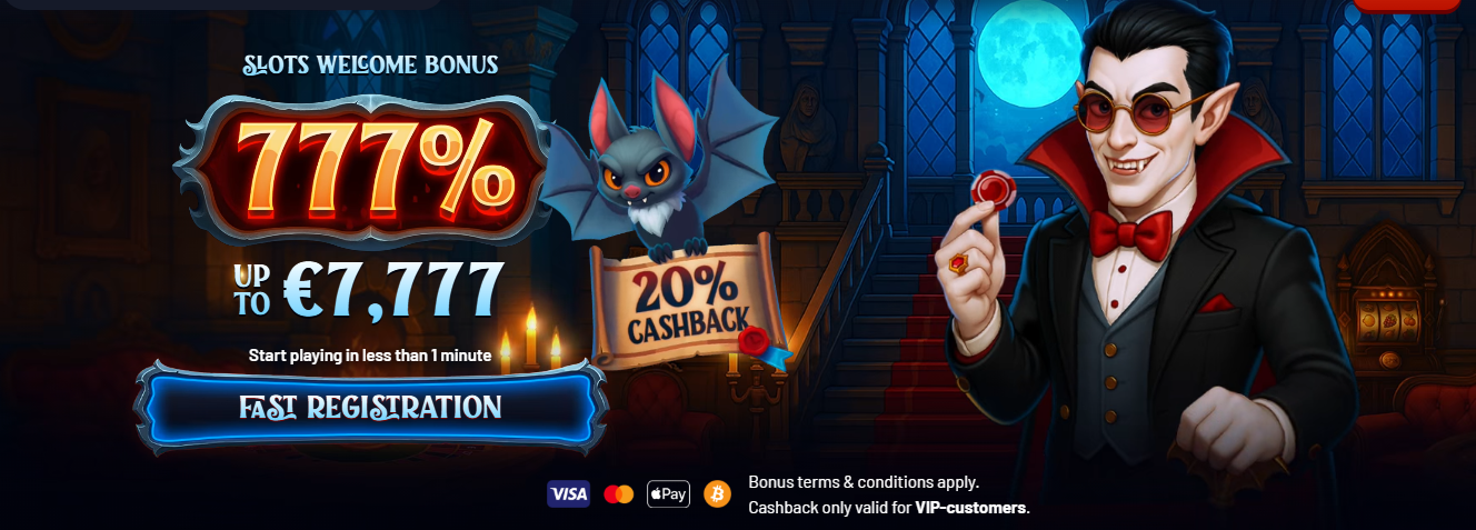 Halloween-themed casino welcome bonus banner with a cartoon vampire, bat, and offer of 777% up to €7,777 plus 20% cashback, featuring a fast registration button and payment icons.