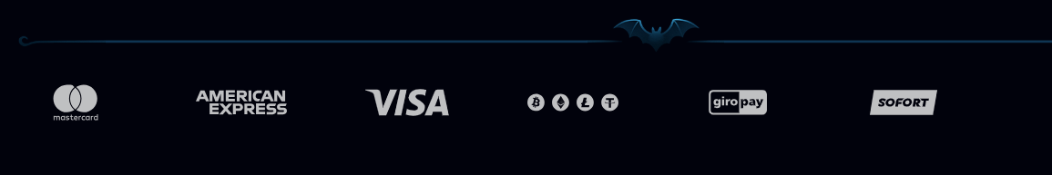 Payment method icons on a dark footer, including Mastercard, American Express, Visa, cryptocurrency symbols, giropay, and Sofort.